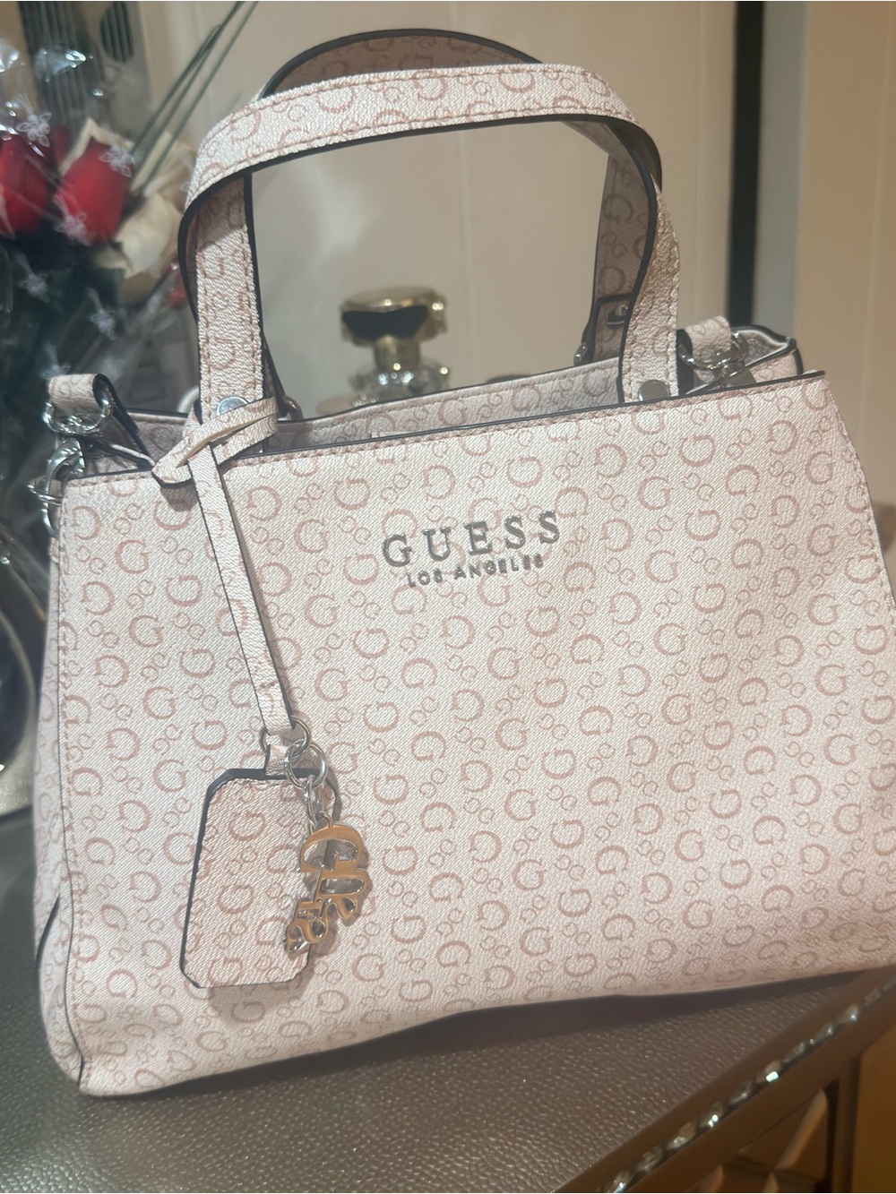 GUESS Pink Logo Monogram Satchel